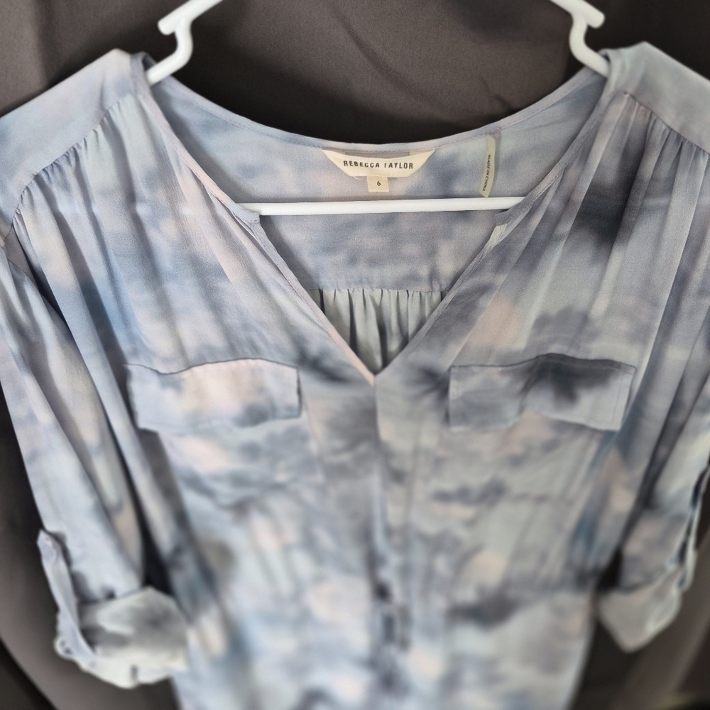 Rebecca Taylor "Haze" 100% Silk Tie-Dye Roll-Tab Sleeve Dress, Size 6 - Picture 3 of 13